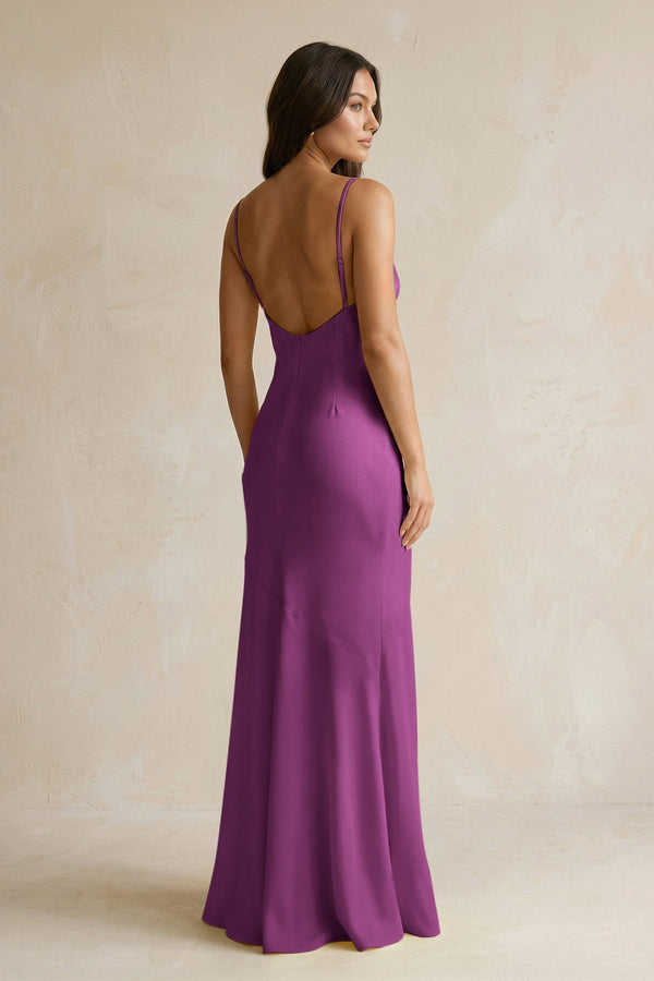 Cami Strap Sheath Satin Bridesmaid Dress With Slit in Fig - KISS BRIDAL Bridesmaid Dresses