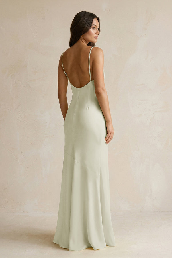 Cami Strap Sheath Satin Bridesmaid Dress With Slit in Frost - KISS BRIDAL Bridesmaid Dresses