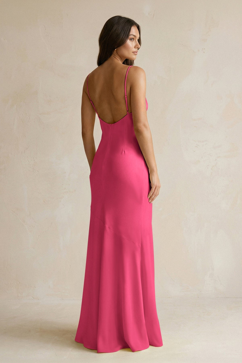 Cami Strap Sheath Satin Bridesmaid Dress With Slit in Fuchsia - KISS BRIDAL Bridesmaid Dresses