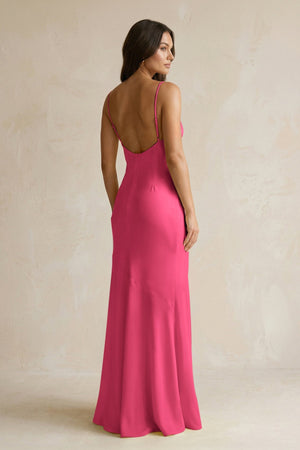 Cami Strap Sheath Satin Bridesmaid Dress With Slit in Fuchsia - KISS BRIDAL Bridesmaid Dresses