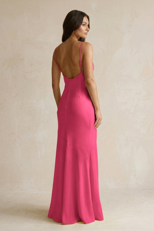 Cami Strap Sheath Satin Bridesmaid Dress With Slit in Fuchsia - KISS BRIDAL Bridesmaid Dresses
