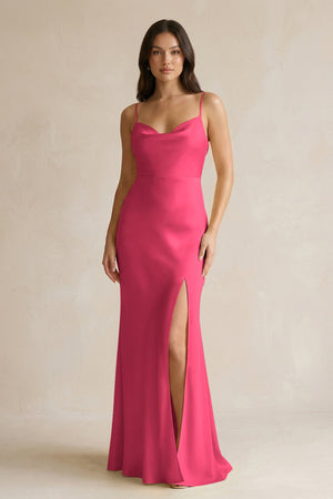Cami Strap Sheath Satin Bridesmaid Dress With Slit in Fuchsia - KISS BRIDAL Bridesmaid Dresses