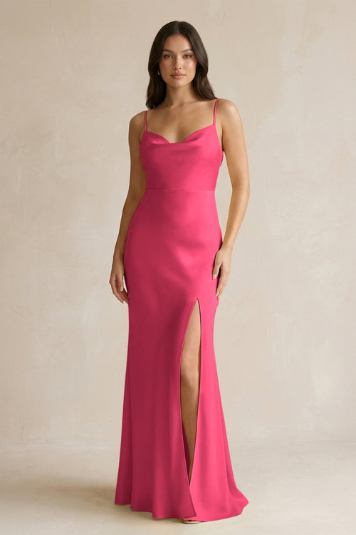 Cami Strap Sheath Satin Bridesmaid Dress With Slit in Fuchsia - KISS BRIDAL Bridesmaid Dresses