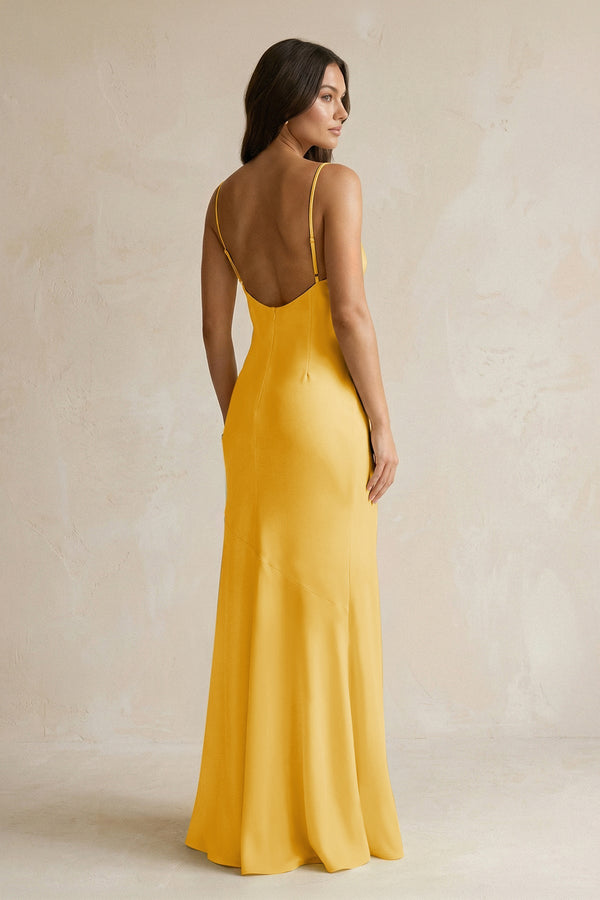 Cami Strap Sheath Satin Bridesmaid Dress With Slit in Gold - KISS BRIDAL Bridesmaid Dresses