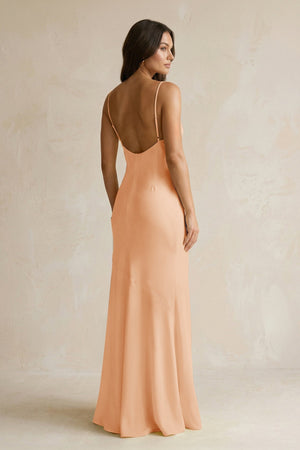Cami Strap Sheath Satin Bridesmaid Dress With Slit in Golden Champagne - KISS BRIDAL Bridesmaid Dresses