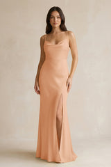 Cami Strap Sheath Satin Bridesmaid Dress With Slit in Golden Champagne - KISS BRIDAL Bridesmaid Dresses