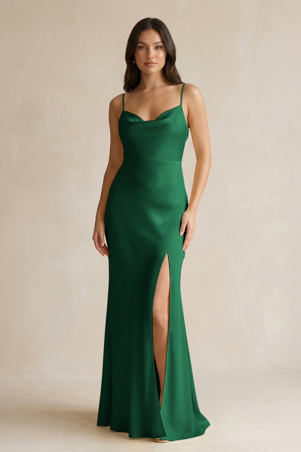 Cami Strap Sheath Satin Bridesmaid Dress With Slit in Green - KISS BRIDAL Bridesmaid Dresses