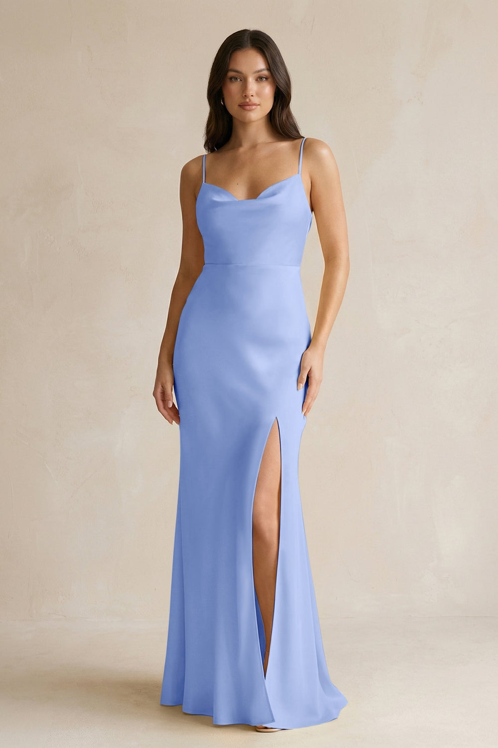 Cami Strap Sheath Satin Bridesmaid Dress With Slit in Ice - KISS BRIDAL Bridesmaid Dresses