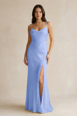 Cami Strap Sheath Satin Bridesmaid Dress With Slit in Ice - KISS BRIDAL Bridesmaid Dresses