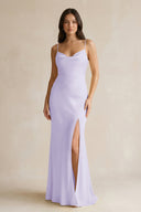 Cami Strap Sheath Satin Bridesmaid Dress With Slit in Lavender - KISS BRIDAL Bridesmaid Dresses
