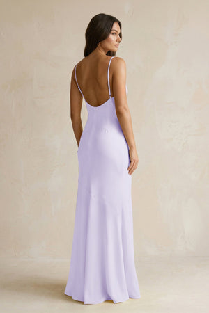 Cami Strap Sheath Satin Bridesmaid Dress With Slit in Lavender - KISS BRIDAL Bridesmaid Dresses