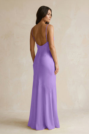 Cami Strap Sheath Satin Bridesmaid Dress With Slit in Lilac - KISS BRIDAL Bridesmaid Dresses