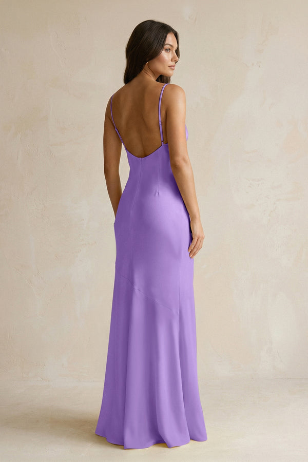 Cami Strap Sheath Satin Bridesmaid Dress With Slit in Lilac - KISS BRIDAL Bridesmaid Dresses