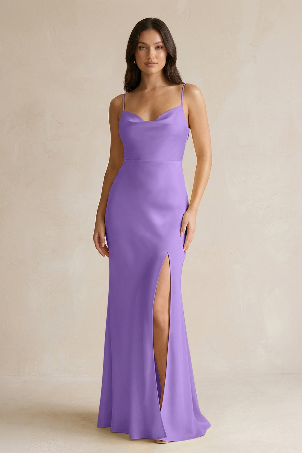 Cami Strap Sheath Satin Bridesmaid Dress With Slit in Lilac - KISS BRIDAL Bridesmaid Dresses