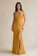 Cami Strap Sheath Satin Bridesmaid Dress With Slit in Marigold - KISS BRIDAL Bridesmaid Dresses