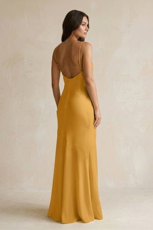 Cami Strap Sheath Satin Bridesmaid Dress With Slit in Marigold - KISS BRIDAL Bridesmaid Dresses