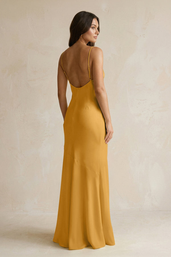 Cami Strap Sheath Satin Bridesmaid Dress With Slit in Marigold - KISS BRIDAL Bridesmaid Dresses