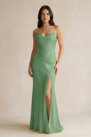 Cami Strap Sheath Satin Bridesmaid Dress With Slit in Matcha - KISS BRIDAL Bridesmaid Dresses