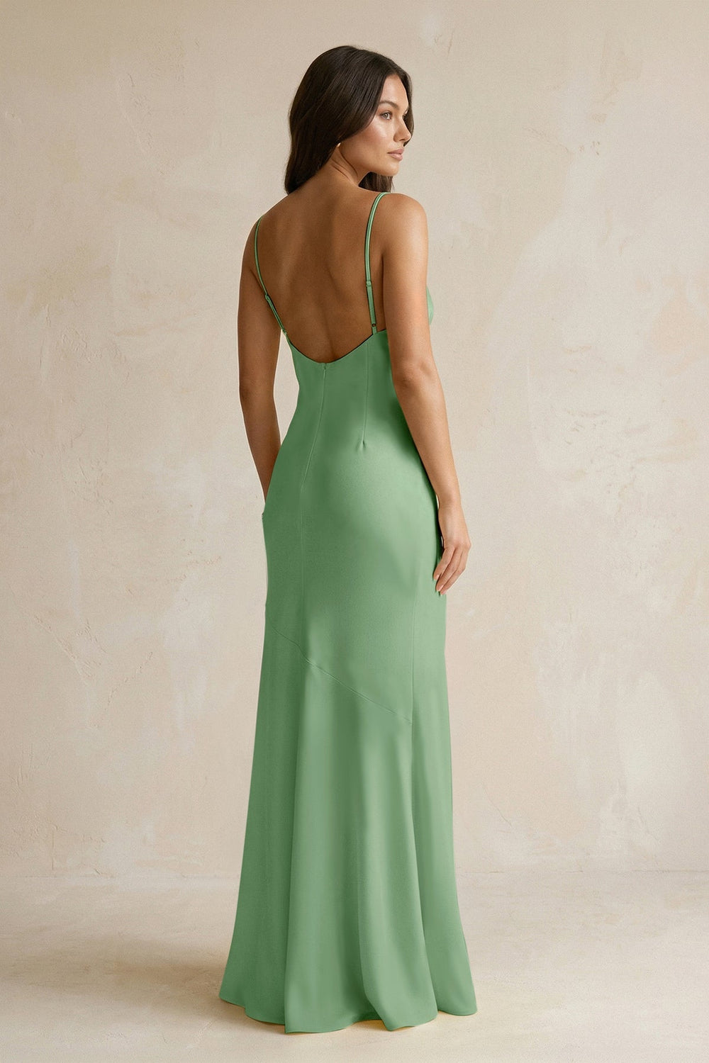 Cami Strap Sheath Satin Bridesmaid Dress With Slit in Matcha - KISS BRIDAL Bridesmaid Dresses