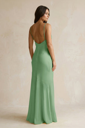 Cami Strap Sheath Satin Bridesmaid Dress With Slit in Matcha - KISS BRIDAL Bridesmaid Dresses