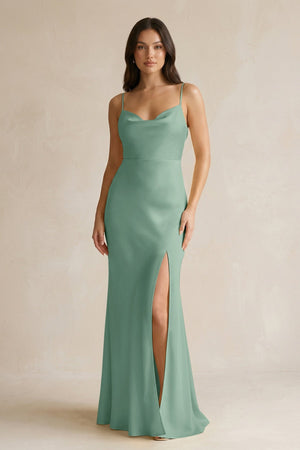 Cami Strap Sheath Satin Bridesmaid Dress With Slit in Mint Green - KISS BRIDAL Bridesmaid Dresses