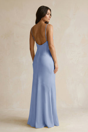Cami Strap Sheath Satin Bridesmaid Dress With Slit in Mist - KISS BRIDAL Bridesmaid Dresses