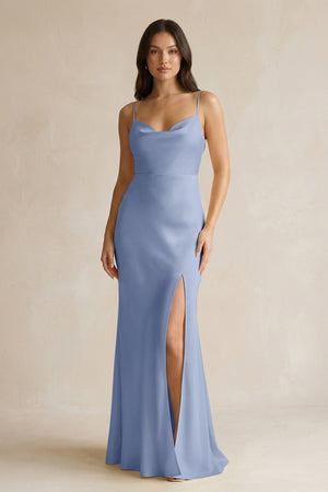 Cami Strap Sheath Satin Bridesmaid Dress With Slit in Mist - KISS BRIDAL Bridesmaid Dresses