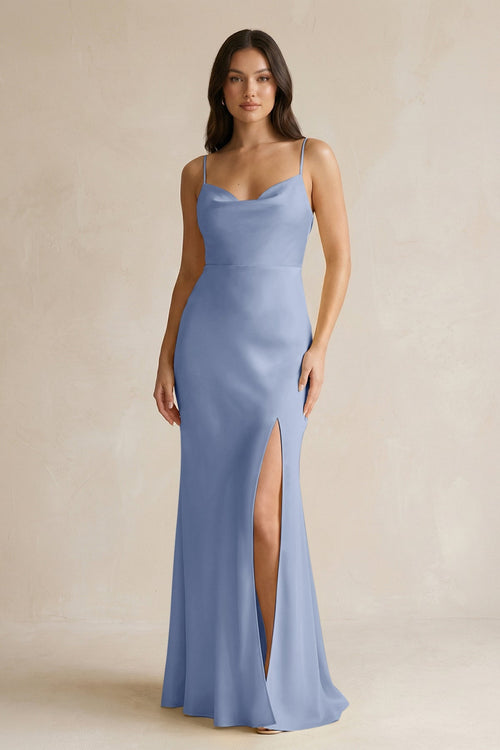 Cami Strap Sheath Satin Bridesmaid Dress With Slit in Mist - KISS BRIDAL Bridesmaid Dresses