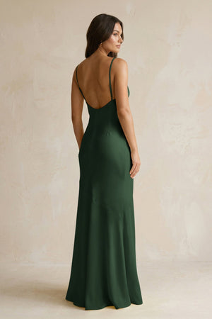 Cami Strap Sheath Satin Bridesmaid Dress With Slit in Moss - KISS BRIDAL Bridesmaid Dresses