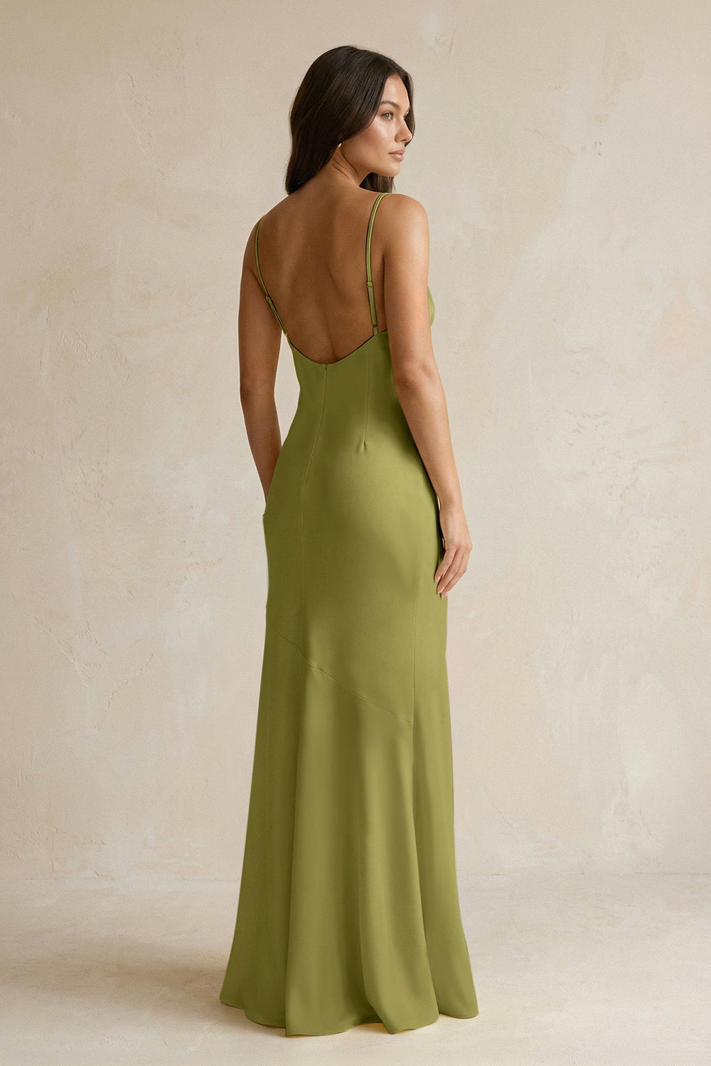 Cami Strap Sheath Satin Bridesmaid Dress With Slit in Moss Green - KISS BRIDAL Bridesmaid Dresses