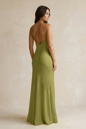 Cami Strap Sheath Satin Bridesmaid Dress With Slit in Moss Green - KISS BRIDAL Bridesmaid Dresses