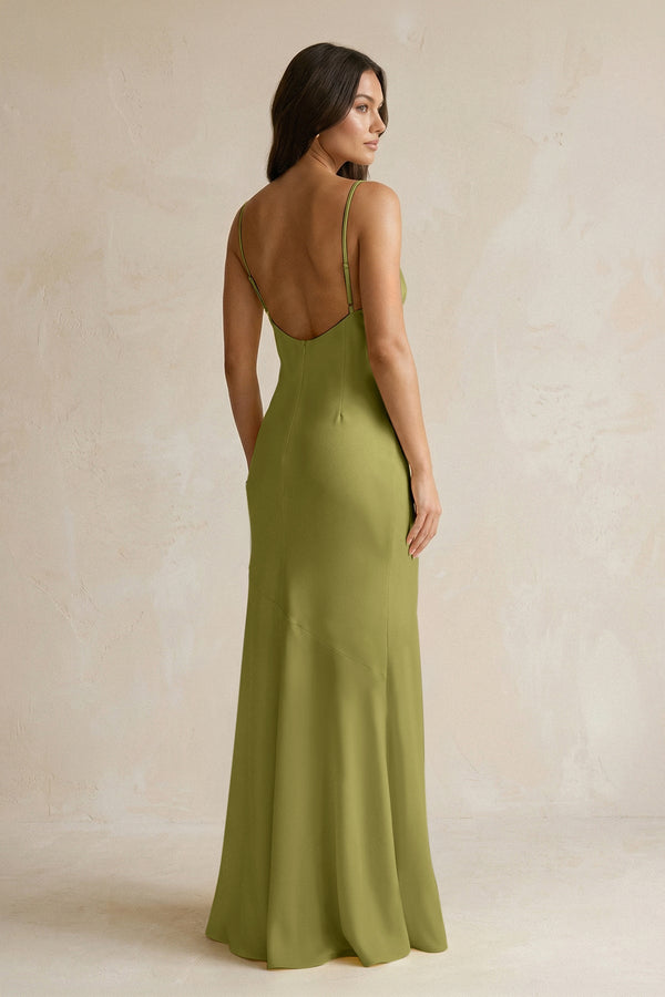 Cami Strap Sheath Satin Bridesmaid Dress With Slit in Moss Green - KISS BRIDAL Bridesmaid Dresses
