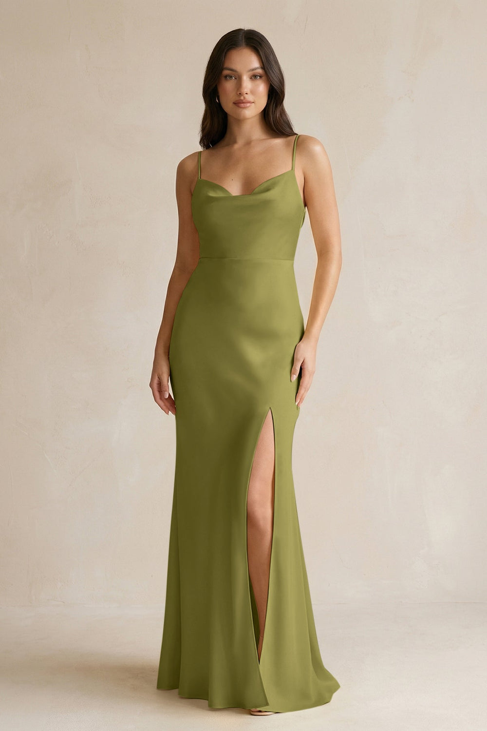 Cami Strap Sheath Satin Bridesmaid Dress With Slit in Moss Green - KISS BRIDAL Bridesmaid Dresses