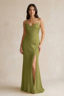Cami Strap Sheath Satin Bridesmaid Dress With Slit in Moss Green - KISS BRIDAL Bridesmaid Dresses