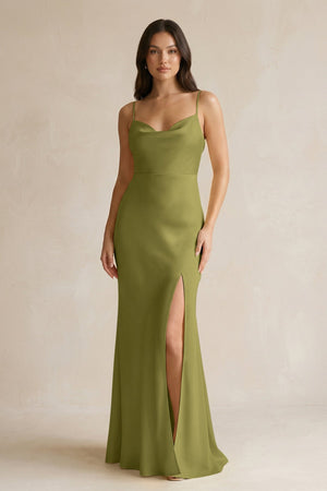 Cami Strap Sheath Satin Bridesmaid Dress With Slit in Moss Green - KISS BRIDAL Bridesmaid Dresses
