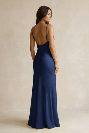 Cami Strap Sheath Satin Bridesmaid Dress With Slit in Navy - KISS BRIDAL Bridesmaid Dresses
