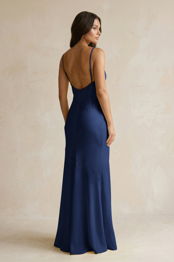 Cami Strap Sheath Satin Bridesmaid Dress With Slit in Navy - KISS BRIDAL Bridesmaid Dresses
