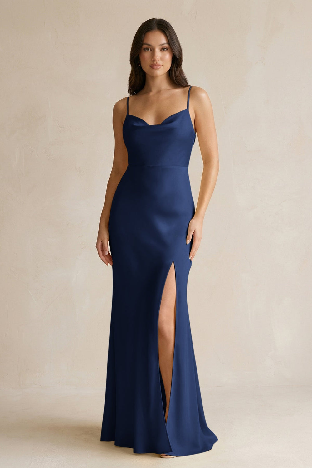 Cami Strap Sheath Satin Bridesmaid Dress With Slit in Navy - KISS BRIDAL Bridesmaid Dresses