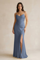 Cami Strap Sheath Satin Bridesmaid Dress With Slit in Neptune - KISS BRIDAL Bridesmaid Dresses