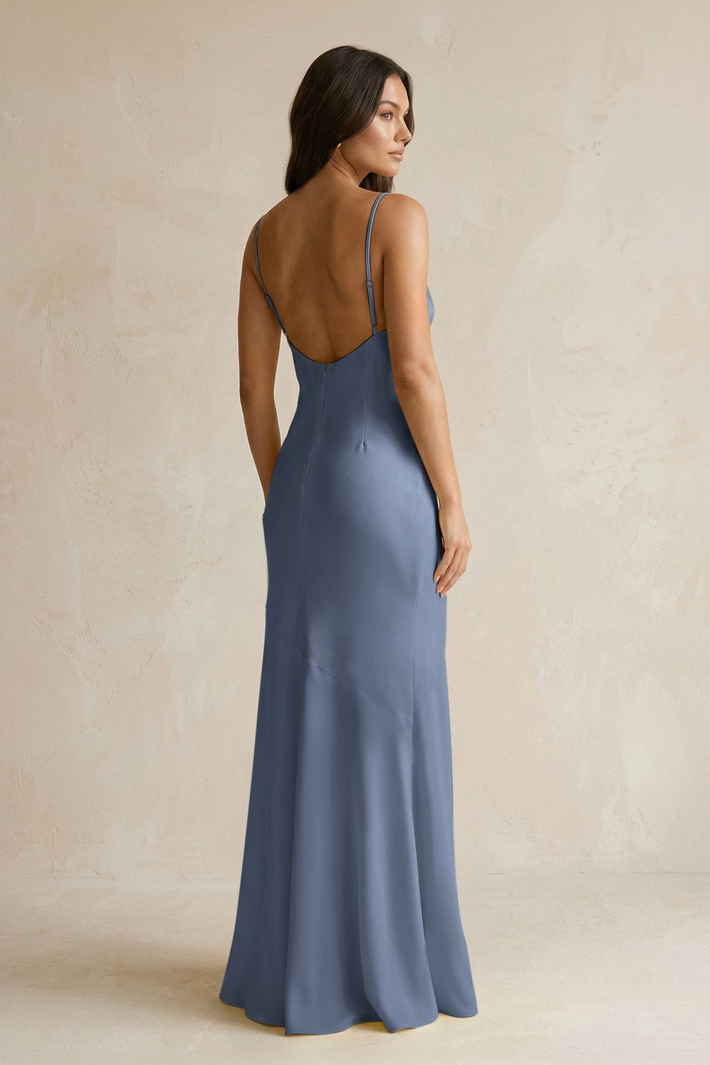 Cami Strap Sheath Satin Bridesmaid Dress With Slit in Neptune - KISS BRIDAL Bridesmaid Dresses