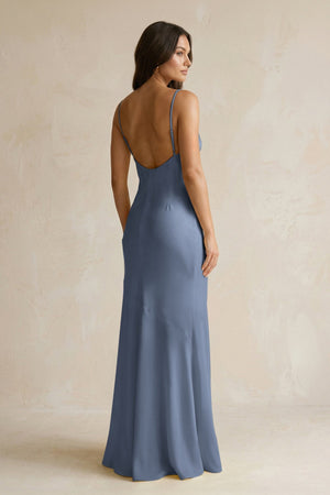 Cami Strap Sheath Satin Bridesmaid Dress With Slit in Neptune - KISS BRIDAL Bridesmaid Dresses