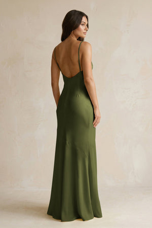 Cami Strap Sheath Satin Bridesmaid Dress With Slit in Olive - KISS BRIDAL Bridesmaid Dresses