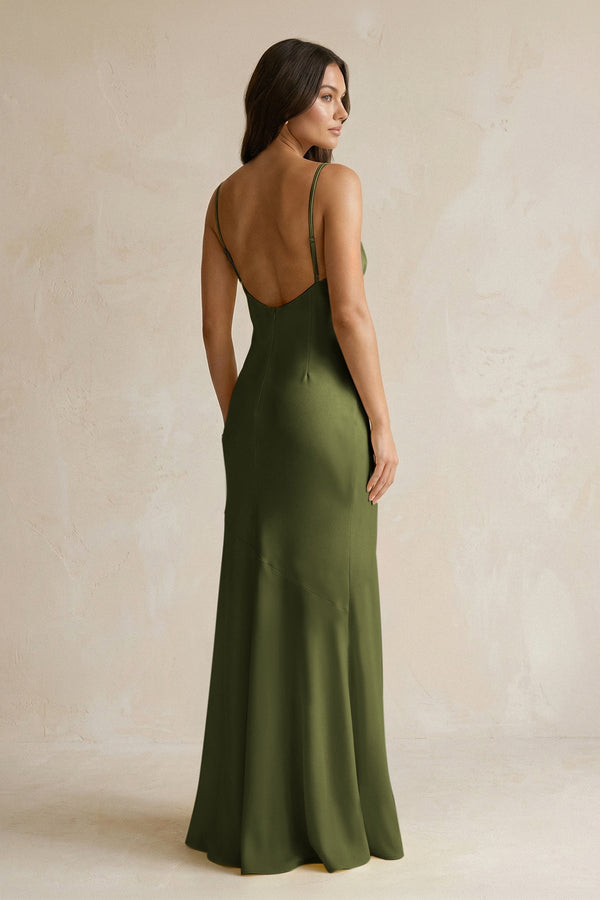 Cami Strap Sheath Satin Bridesmaid Dress With Slit in Olive - KISS BRIDAL Bridesmaid Dresses