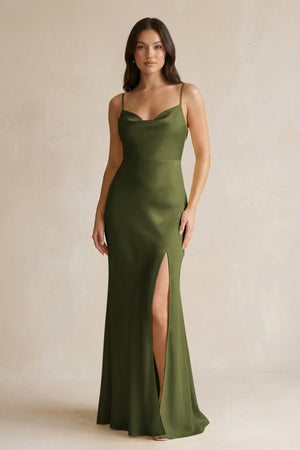Cami Strap Sheath Satin Bridesmaid Dress With Slit in Olive - KISS BRIDAL Bridesmaid Dresses