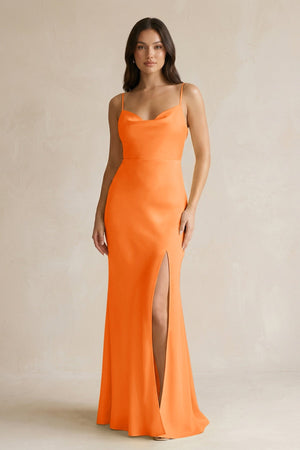 Cami Strap Sheath Satin Bridesmaid Dress With Slit in Orange - KISS BRIDAL Bridesmaid Dresses
