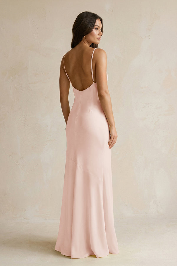 Cami Strap Sheath Satin Bridesmaid Dress With Slit in Pale Blush - KISS BRIDAL Bridesmaid Dresses