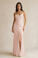 Cami Strap Sheath Satin Bridesmaid Dress With Slit in Pale Blush - KISS BRIDAL Bridesmaid Dresses