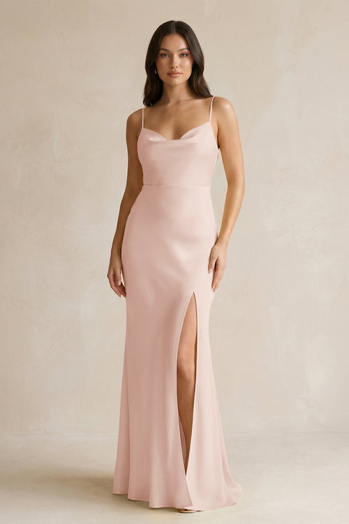 Cami Strap Sheath Satin Bridesmaid Dress With Slit in Pale Blush - KISS BRIDAL Bridesmaid Dresses