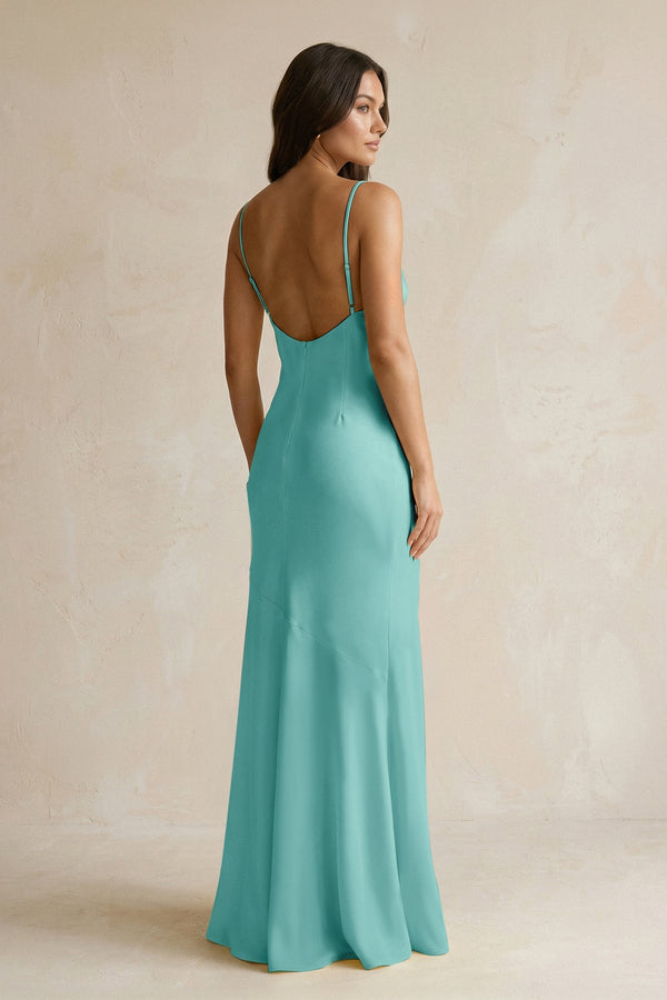 Cami Strap Sheath Satin Bridesmaid Dress With Slit in Pale Pistachio - KISS BRIDAL Bridesmaid Dresses