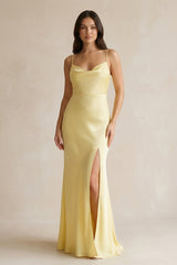 Cami Strap Sheath Satin Bridesmaid Dress With Slit in Pastel Yellow - KISS BRIDAL Bridesmaid Dresses